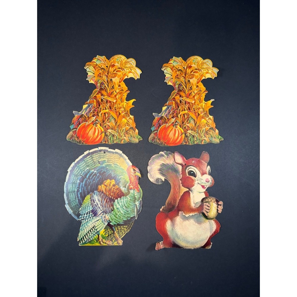 VTG Dennison Thanksgiving Die Cut Decorations  Multicolor Holiday Decor 4pc